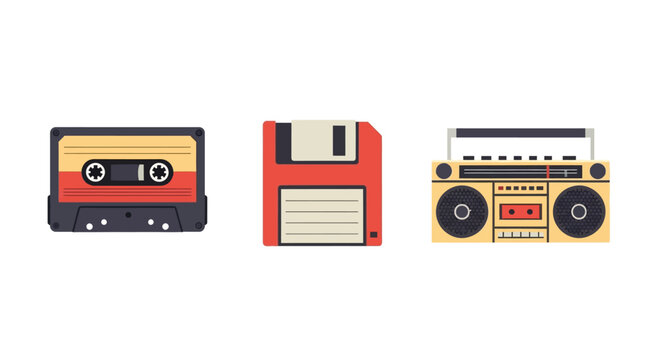 Retro tech icons: cassette floppy disk and boombox in flat design