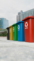 Colored recycling bins for waste sorting with copy space in outdoor setting. Waste management and environmental protection concept. Rendering in 8k high resolution. Vertical format.