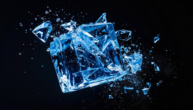Shattering ice cube breaking into fragments midair with sharp details and dramatic lighting on black background