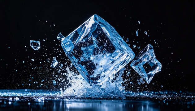 Crystal clear ice cube splashing on dark surface with dynamic water droplets and high contrast lighting