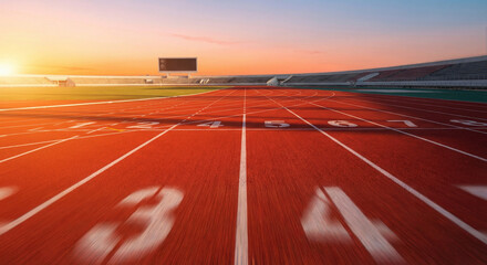 Sunrise stadium running track with numbered lanes, warm golden light, competitive sports atmosphere and athletic race starting line