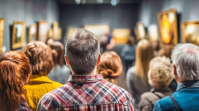 Attendees at a Museum Guided Tour Listening to Exhibits in an Art Gallery