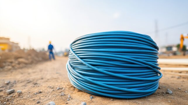 Blue industrial electrical wire coil on dusty ground at outdoor construction site with worker in background