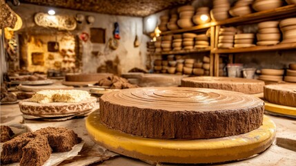 Fototapeta premium Pottery Workshop with Clay Platform Surrounded by Shelves of Crafts