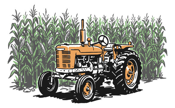 Harvest time. Farm life vintage t-shirt design. Rustic tractor in corn field. Agriculture club artwork, rural illustration for poster and print.