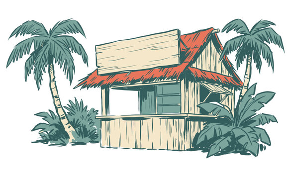 Tropical beach shack. Endless summer artwork. Island hut vintage design. Surf club vibe illustration for poster, sticker, t-shirt print.