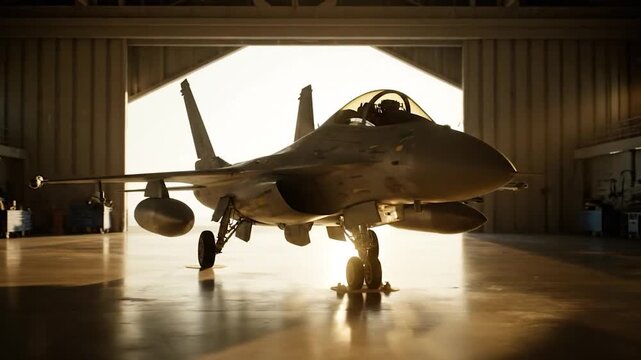 A modern fighter jet, parked inside a sunlit hangar. Backlit, with gear deployed