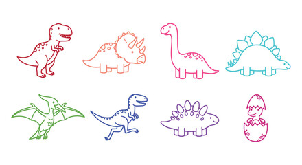 Cute Colorful Dinosaur Outline Icon Set — T-Rex, Triceratops, Brachiosaurus, Stegosaurus, Pterodactyl, Hatching Egg Vector © selena