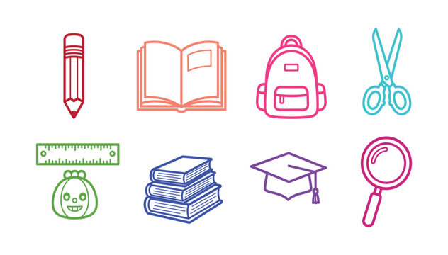 Colorful School Supplies and Education Outline Icon Set &mdash; Pencil, Backpack, Books, Graduation Cap, Ruler, Scissors Vector