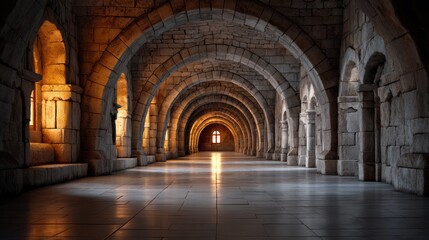 Obraz premium Serene Monastery Hallway with Repeating Stone Arches and Warm Lighting