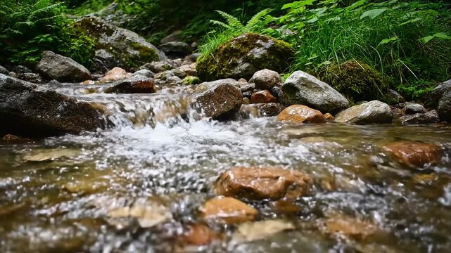 Clear Mountain Stream Flowing Over Rocks in Lush Green Forest