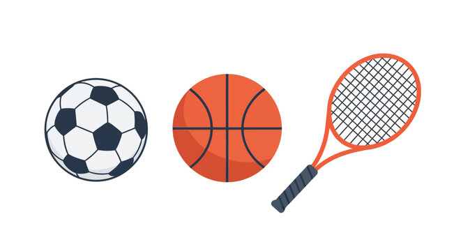 Sports equipment icons: soccer ball, basketball, tennis racket