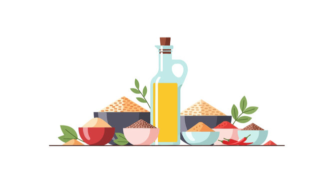Diverse grain selection with olive oil bottle in flat design on white background