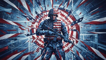 Obraz premium Soldier holding rifle in front of radiating American flag background. Patriotic art representing military service, national pride, Memorial Day, Veterans Day and Independence Day tribute.
