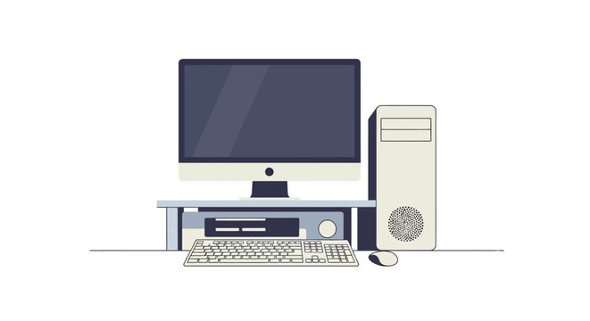 Minimalist desktop computer setup with monitor, tower, keyboard, mouse
