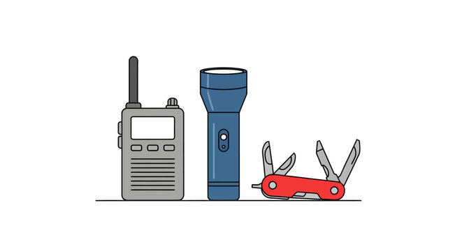 Essential camping tools in minimalist style: flashlight, radio, and multi tool