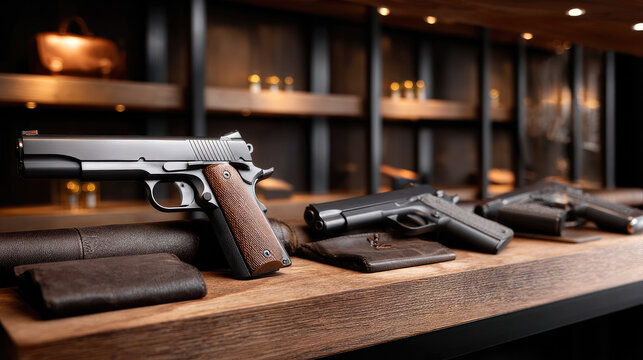 Modern gun store displaying various handguns and pistols on a polished wooden counter, showcasing concepts of self defense, security, and firearm ownership for enthusiasts