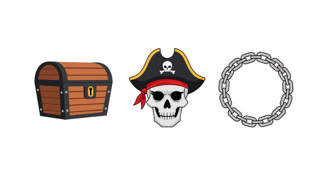 Pirate theme icons with treasure chest, skull, and chain
