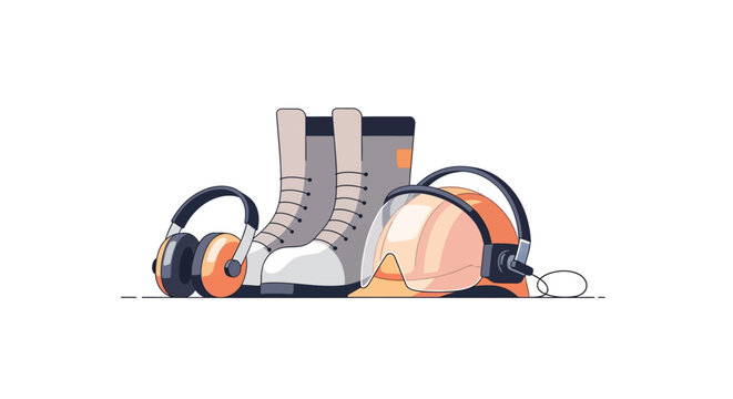 Essential work safety gear: boots, headphones, goggles, and helmet in modern flat design