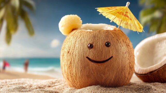 Cheerful Coconut Drink with Tiny Umbrella on a Beach Backdrop