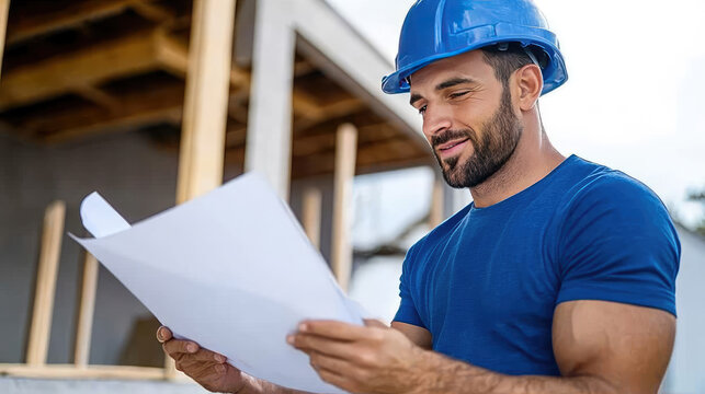 Construction worker analyzing blueprints and plans for a new house project, ensuring structural integrity and development progress on a sunny building site