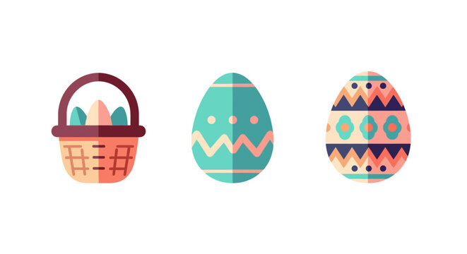 Colorful easter eggs and basket in modern flat art style