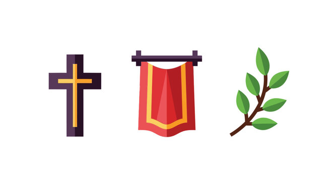 Christian symbols: cross, palm branch, and church banner in flat design