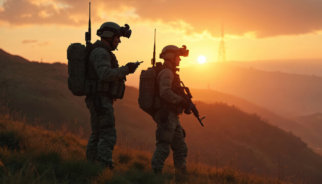 Two soldiers in tactical gear stand on grassy hill at sunset. One holds rifle, other radio communicator. They are equipped with communication devices, night vision goggles, ready for field operations.