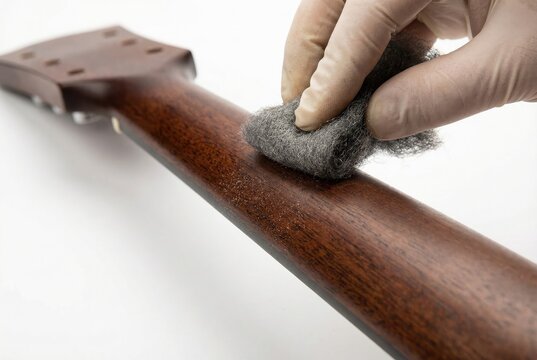 Luthier hand in glove using fine steel wool to polish and smooth wooden back of guitar neck