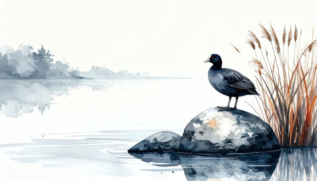 A tranquil watercolor landscape featuring a coot bird on a stone amidst a misty lake with dense reeds. The minimalist art with text  space creates a zen atmosphere for peaceful, nature-inspired design