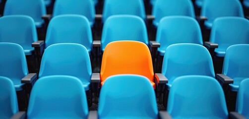 Naklejka premium Single orange seat stands out among many blue stadium seats. Rows of empty chairs in a large venue. Focus on one chair creates visual contrast.