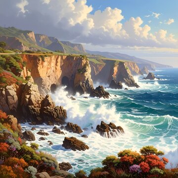 Cliffside coast with crashing waves