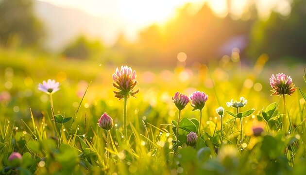 Clover blossoms in meadow sunshine
