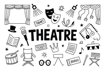 Fototapeta premium A black and white illustration depicting various elements of theatre and performance