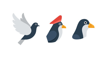 Fototapeta premium Three stylized birds: flying pigeon french bird and penguin profile