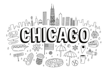 Obraz premium A hand drawn illustration showcasing iconic landmarks and symbols of chicago
