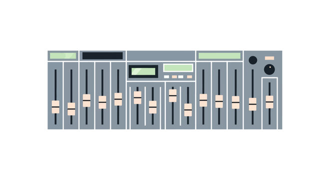 Flat style audio mixer with sliders and dials on white background