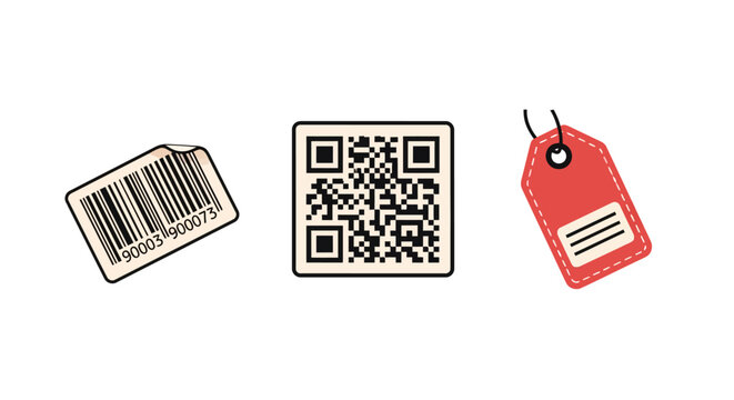 Barcode qr code and red price tag in minimalist flat design