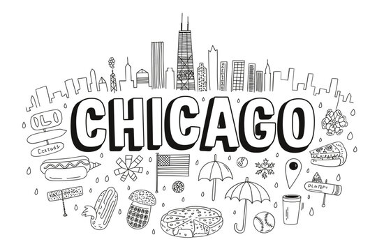A hand drawn illustration showcasing iconic landmarks and symbols of chicago