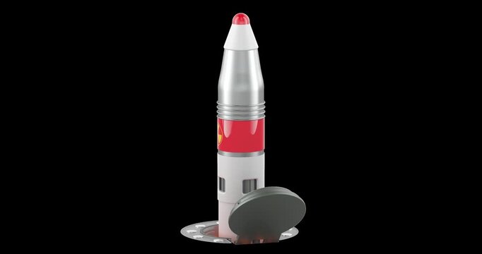 Missile launching from underground silo, rotation animation seamlessly loopable. 3D rendering isolated on transparent background