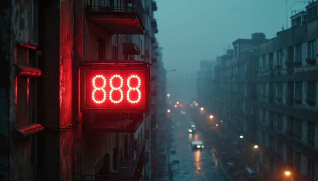Red neon sign displays number 888 on building facade. City street at night in fog with wet road and car lights. Urban environment on rainy dark evening.