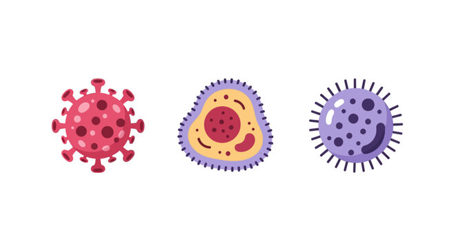 Colorful cartoon microbes and viruses on white background