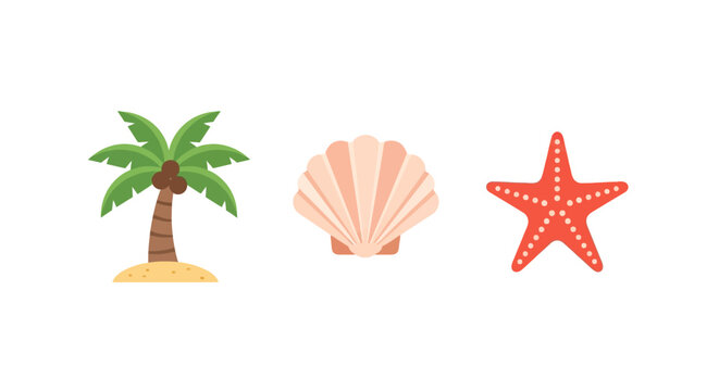 Tropical beach elements: palm tree seashell and starfish icons
