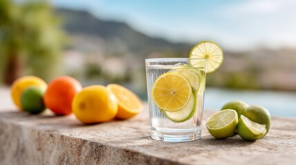 Fototapeta premium Refreshing Citrus Drink on Stone Countertop with Fruits and Blurred Background