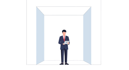 Fototapeta premium Businessman in minimalist 3d room with laptop