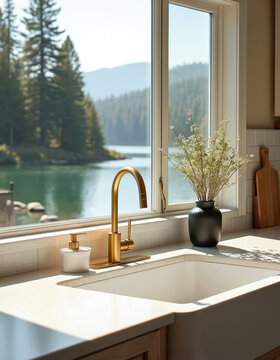 Clean kitchen sink with gold faucet near window overlooking lake and forest. Flowers in vase on counter. Domestic scene offers peaceful lifestyle.