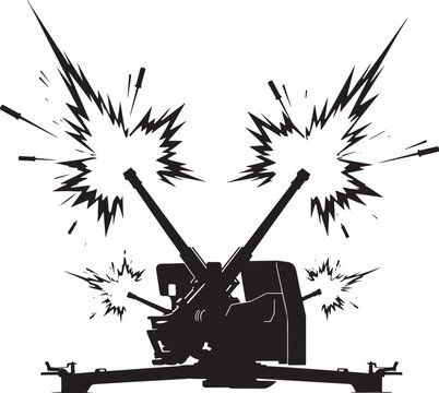 Silhouette of a twin-barreled anti-aircraft gun firing with explosive muzzle flashes with muzzle flash with artillery piece with air defense