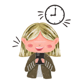 Young girl holds phone with joyful expression. Clock above head indicates time passing. Screen time reduction concept. 