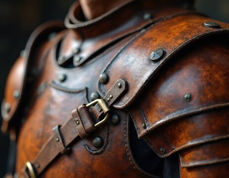 Brown leather armor close-up, detailed vintage warrior chest plate with brass buckles, metal studs. Rustic texture of old, weathered material shows historical battle readiness. Stitched seams,