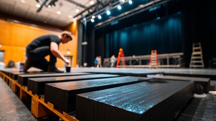 Fototapeta premium Stage Technician Painting Matte Black Wood for Theater Performance Setup